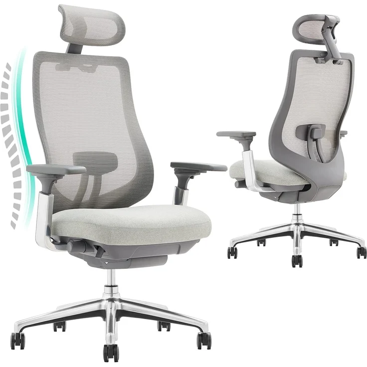 COLAMY XK Atlas Ergonomischer Bürostuhl, Netz-Chefsessel mit verstellbarem Kopfstütze, Computer Schreibtischstuhl Drehstuhl mit 4D-Armlehnen, Aluminium Basis/Schiebesitz/Neigungssperre, Hellgrau – Bild 1