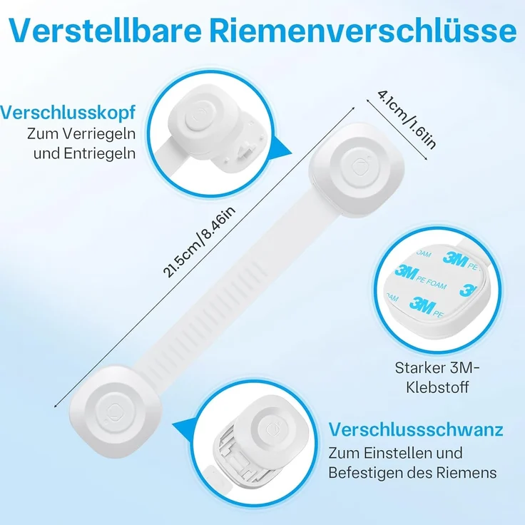 ECHOCUBE Kindersicherungen, Babysichere Schrankgurtschlösser mit Klebstoff, 10 Stück, verstellbare Babysicherungen für Schränke, Kühlschränke, Toiletten, Mülleimer (weiß) – Bild 3