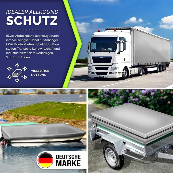 tillvex® Abdeckplane Grün 3x6 m mit Ösen + 10 Haken & 15m Seil | Gewebeplane 650g/m² Wasserdicht & Reißfest | Premium PVC-Plane Universell LKW, Pool, Holz Gartenmöbel | Gartenplane Abdeckung – Bild 6