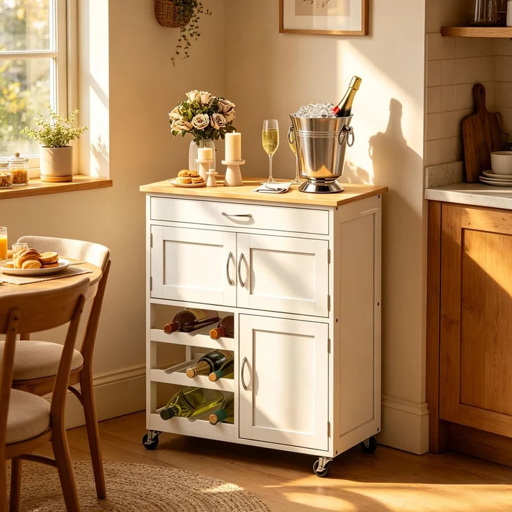 Kompakter Küchenwagen mit Aufbewahrungsraum,Platzsparender Rolling Buffet-Schrank,Küchenaufbewahrungsorganisator--Weiß--67x37x87cm--YOUDENOVA – Bild 2