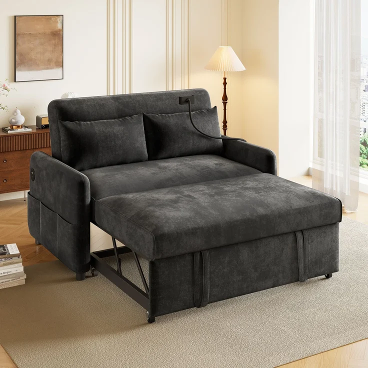 Ausziehbares Schlafsofa 2-Sitzer mit USB-Anschluss & verstellbarer Rückenlehne mit Kissen und Stauraumtaschen,multifunktionales,Grau – Bild 2