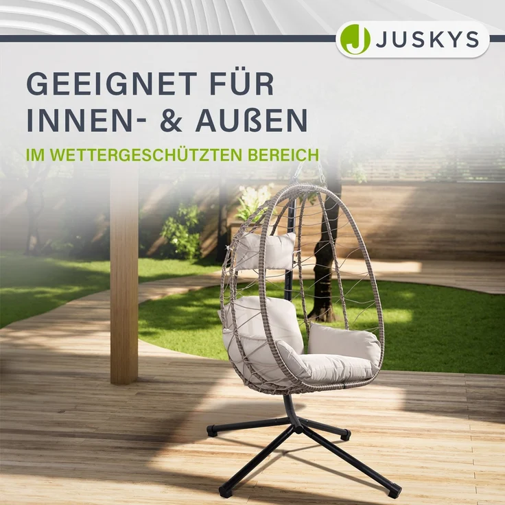 Juskys 'Aria' Hängesessel mit Kissen, höhenverstellbar & faltbar, Polyrattan beige, bis 130 kg belastbar – Bild 8