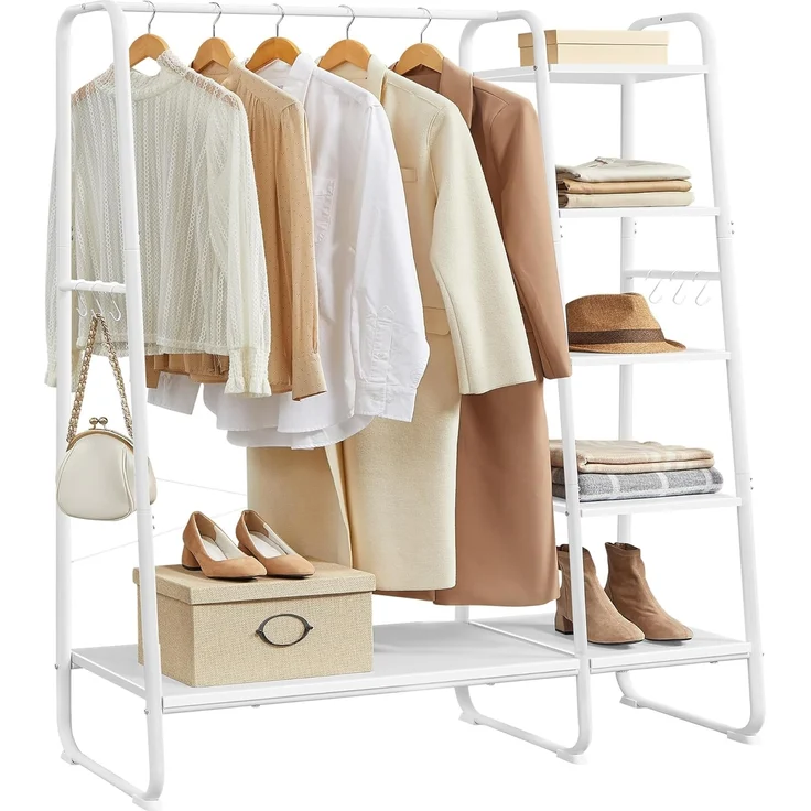 VASAGLE Kleiderständer, Garderobenständer, 45 x 120 x 160 cm Garderobe, Kleiderstange, Schuhablage, offener Kleiderschrank, 6 Haken abnehmbar, Schlafzimmer Flur, wolkenweiß-mattweiß RGR116W02 – Bild 1