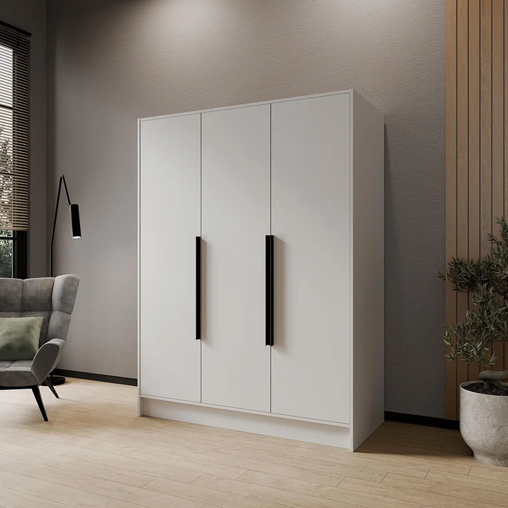 MEBLINI Kleiderschrank PORTINA 150cm - Weiß Matt - mit schwarzen Griffen - Drehtürenschrank ohne Spiegel - Kleiderstangen und Regalböden – Bild 2