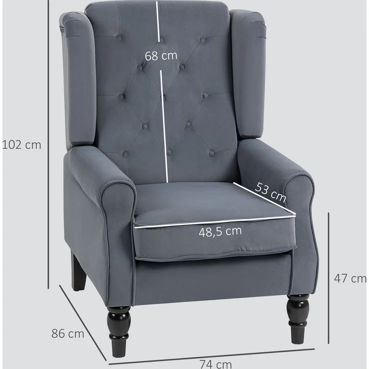 Wohnora-Ohrensessel Relaxsessel Sessel, Vintage-Design, Knopfheftung, gedrechselte Beine, 74 cm x 86 cm x 102 cm, Grau,H 102cm x T 86cm x B 74cm – Bild 5