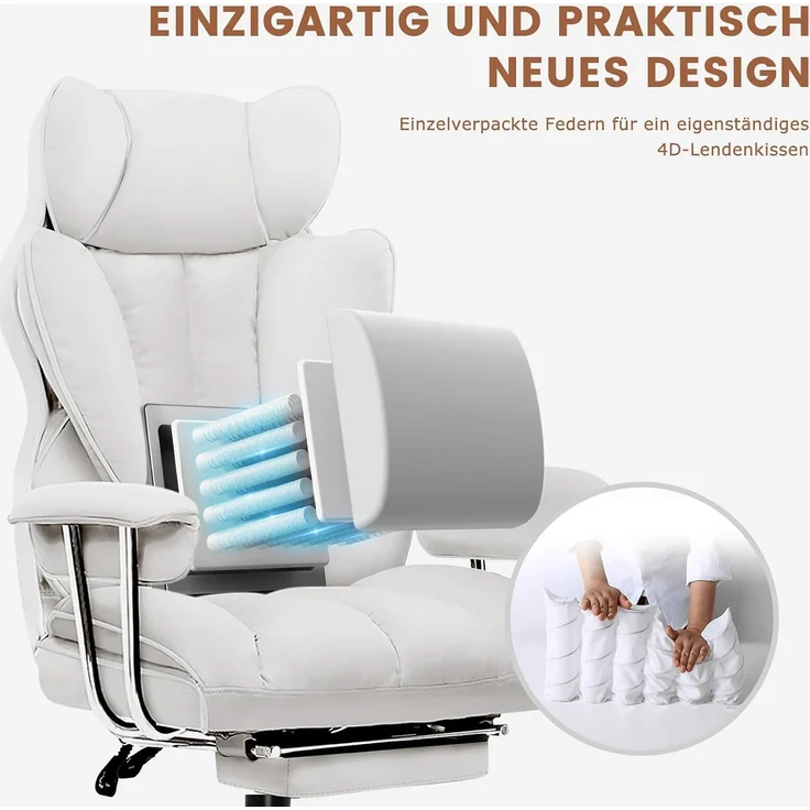 GTPLAYER Gaming Stuhl, Gamer Stuhl, Ergonomischer Bürostuhl mit Fußstütze, Kunstleder, Federsitzkissen, Gaming Chair Gepolstert, Gaming Sessel 180kg Belastbarkeit weiß – Bild 2