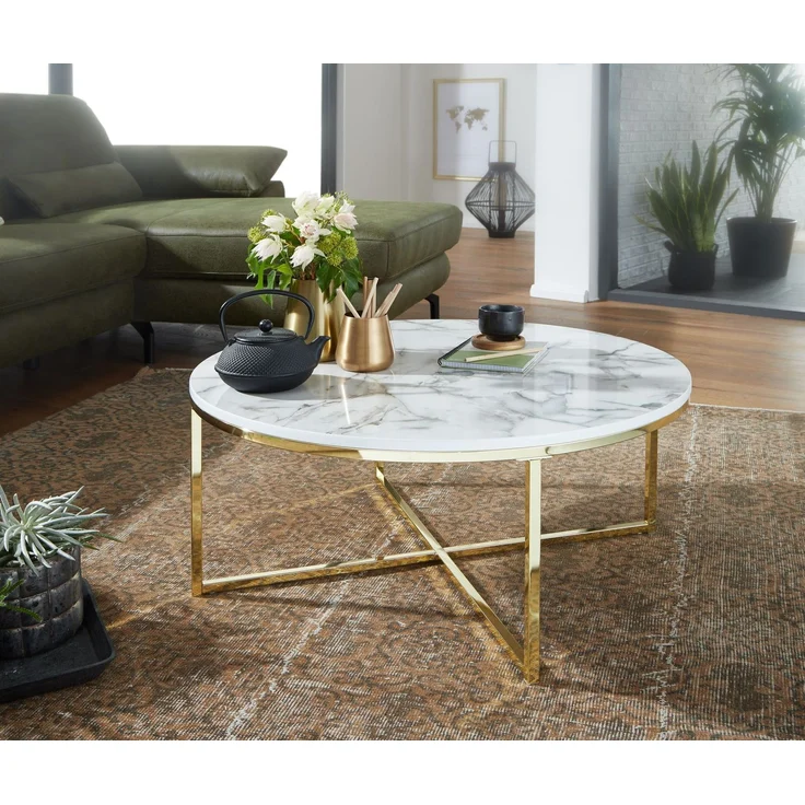Wohnling Couchtisch Rund 80x36x80cm Marmoroptik Weiß Metallgestell Wohnzimmer – Bild 5