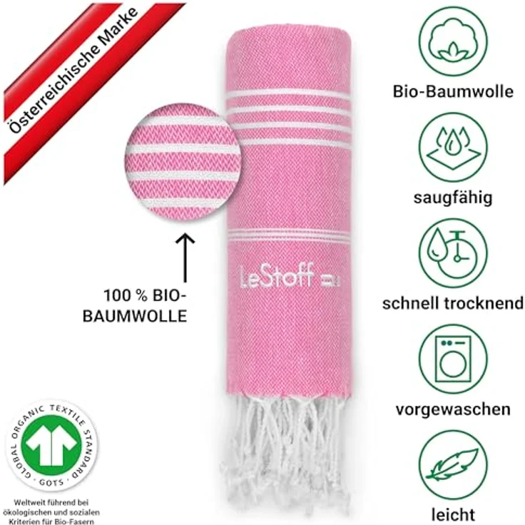 LeStoff Hamamtuch, 100% Bio-Baumwolle, 95 x 180 cm, Vorgewaschen, Saugstark, Schnelltrocknend, Leicht, Kompakt, Sandfrei, Pink – Bild 3