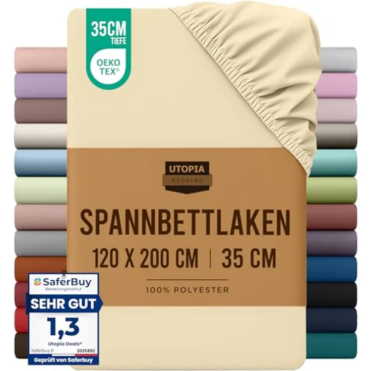 Utopia Bedding - Spannbettlaken 120x200 cm - Beige - Oeko-Tex Zertifiziertes Gebürstete Polyester-Mikrofaser Spannbetttuch - 35 cm Tiefe Tasche – Bild 2