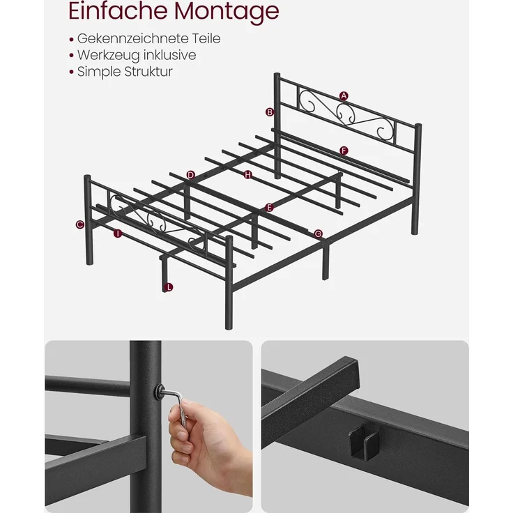 VASAGLE Bett 140 x 200 cm, Gästebett, Doppelbett aus Metall, Bettgestell, Bettrahmen, Metallbett, einfache Montage, tintenschwarz – Bild 6