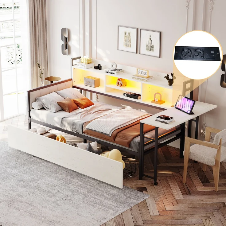 Bett 90x200 cm mit Stauraum und LED-Beleuchtung – Einzelbett aus Metall mit ausziehbarem Schreibtisch – Bild 4