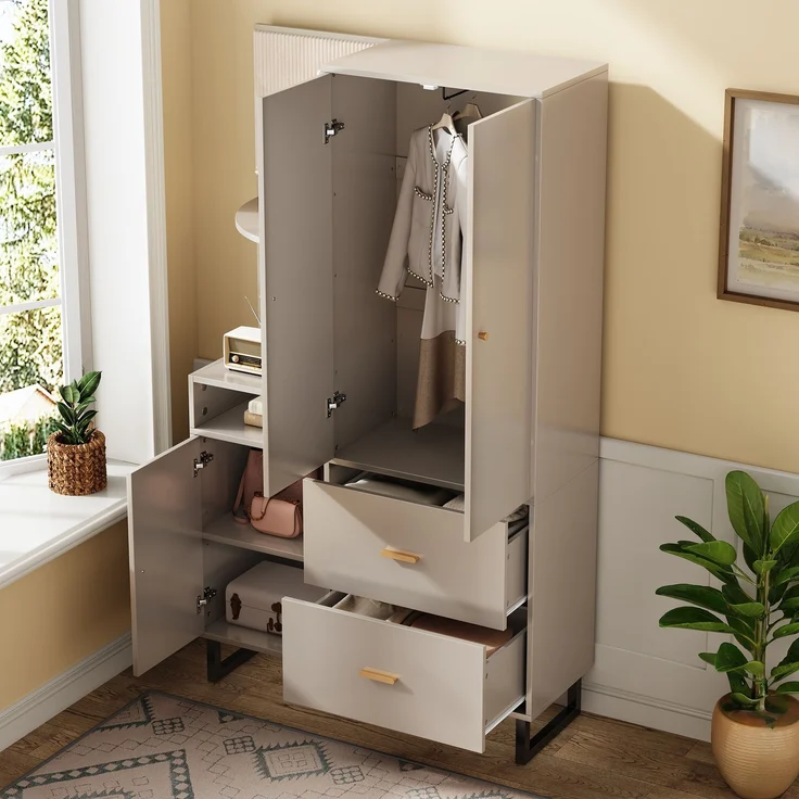 Kompaktgarderoben,Flurgarderobe,Dielenschrank Wandschrank Regal Diele & Flur Kleiderschrank mit gepolsterten Paneelen Schuhschrank, (BxHxT): 110x186x38 cm--Beige + Grau--110x38x186cm--YOUDENOVA – Bild 9