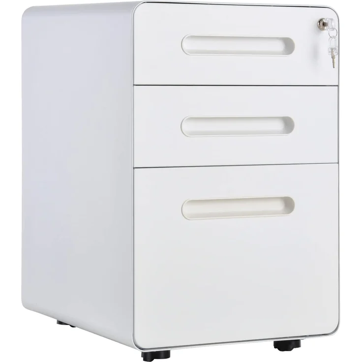 Vinsetto Rollcontainer mit 3 Schubladen mobiler Aktenschrank mit Rollen abschließbar Büroschrank mit Hängeregistratur Stiftfach, Bürocontainer Schreibtisch Unterschrank für Büro 39 x 48 x 59 cm Weiß