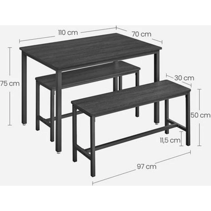 Vasagle Esstisch, Küchentisch-Set, 110 x 70 x 75 cm, mit 2 Bänken je 97 x 30 x 50 cm, Metallgestell, für Küche, Wohnzimmer, Esszimmer, Industrie-Design, von Songmics KDT070 – Bild 2