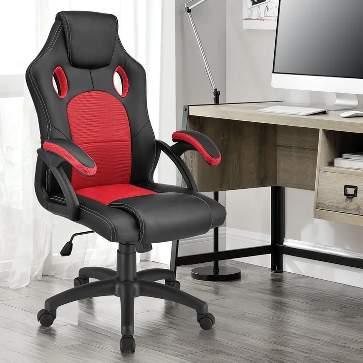 Juskys Racing Schreibtischstuhl Montreal (rot) ergonomisch, höhenverstellbar & gepolstert, bis 120 kg - Bürostuhl Drehstuhl PC Gaming Stuhl