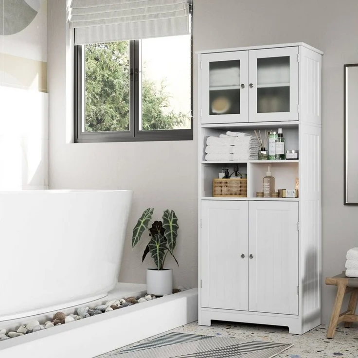 HOMECHO Hochschrank Badezimmerschrank Badschrank mit 3 Fächern und 4 Türen – Bild 1