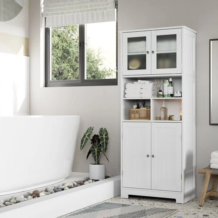 HOMECHO Hochschrank Badezimmerschrank Badschrank mit 3 Fächern und 4 Türen