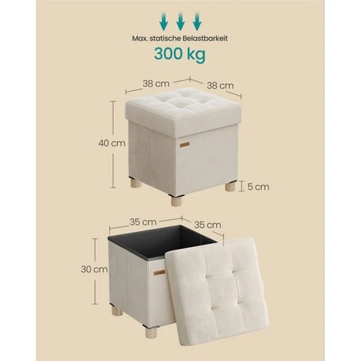 SONGMICS Sitzhocker mit Stauraum, Hocker faltbar, 38 x 38 x 40 cm, Aufbewahrungsbox mit Deckel, Fußhocker 37 L, Samt, bis 300 kg belastbar – Bild 3