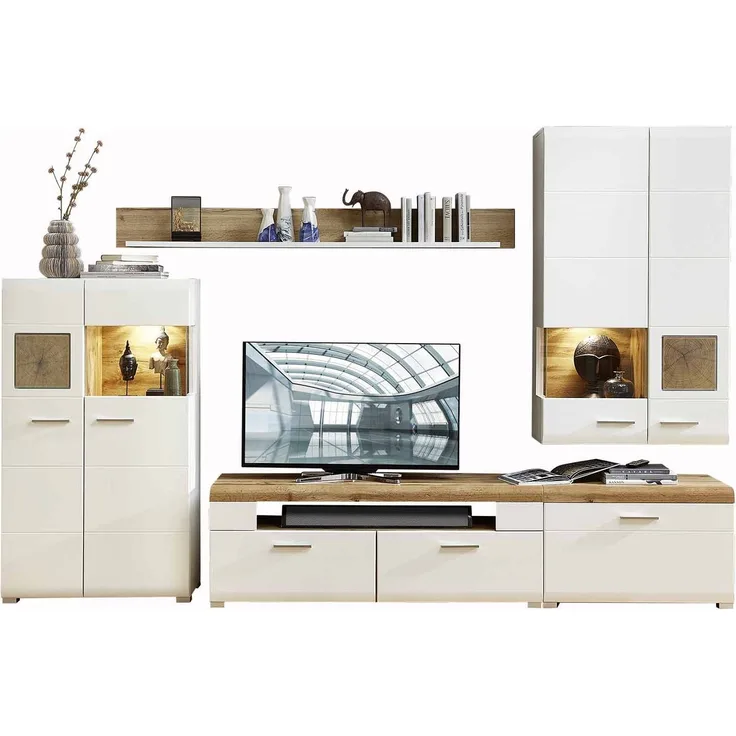 Wohnwand Friedberg / ABW Fun Plus, Glas, Holzwerkstoff, Weiß, Holzfarben, 320 x 205 x 47 cm