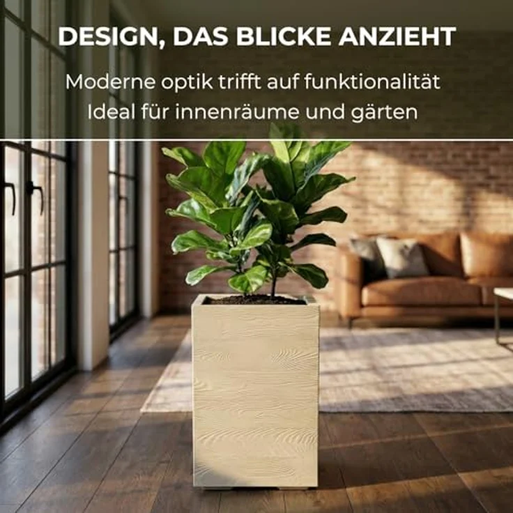 LAMELA Pflanzkübel mit Rollen Höhe 60 cm, 36L – Blumentopf aus Kunststoff in Holzoptik – Übertopf mit Wasserablauf – Modern für Innen & Außen - Wetterfest & Pflegeleicht, Beige – Bild 4