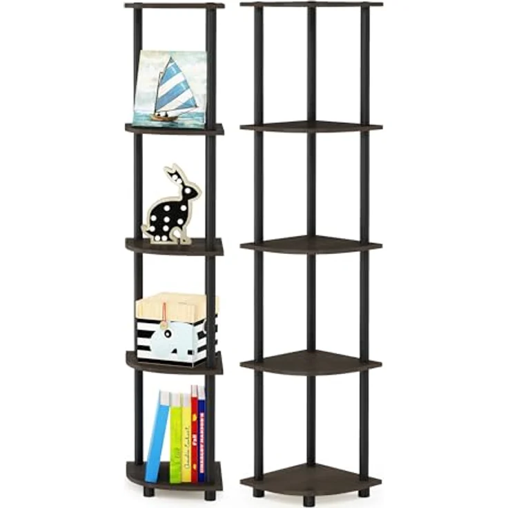 Furinno Turn-N-Tube 5-stufiges Eckregal-Mehrzweckregal, Dunkelbraune Maserung/Schwarz, 2er-Set – Bild 2