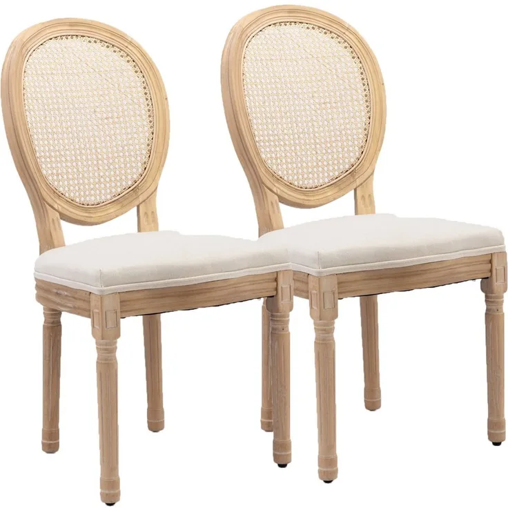 SeedWave Esszimmerstuhl 2er Set Küchenstuhl aus Massivholz-Gestell, mit Rattan-Rückenlehne, Polsterstuhl inkl. Leinenbezug Sitzfläche