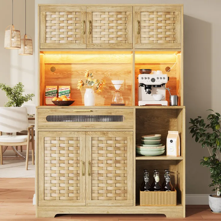 Anrichte hoher Schrank mit LED-Beleuchtung & gewebten Glastüren in Natur, 120x40x180 cm