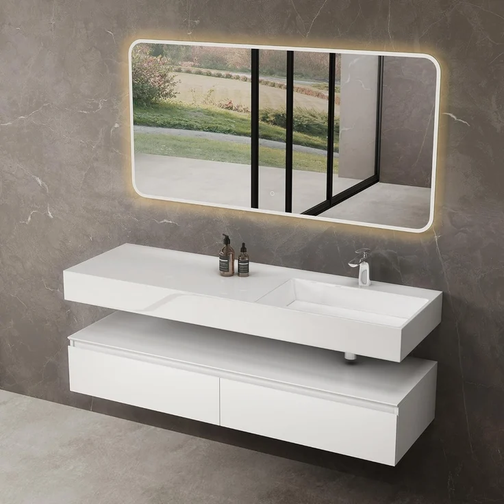 doporro Waschbeckenunterschrank Badmöbel Set Holzstruktur Schubladen Unterschrank Soft-Close MDF UP – Bild 2