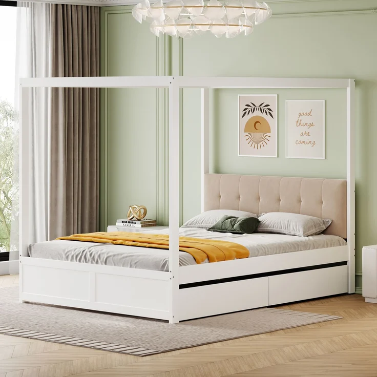 Zeltbett 140×200 cm mit gepolsterter Rückenlehne und 2 Schubladen –Weiß,Holz/Metall – Bild 2