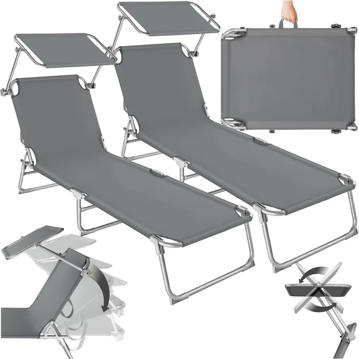 tectake 2er Set Liegestuhl Garten mit Sonnenschutz, Gartenliege klappbar, Balkon oder Terrassen Liege mit Verstellbarer Rückenlehne, Strandliege mit Sonnendach, bis zu 110 kg belastbar - grau
