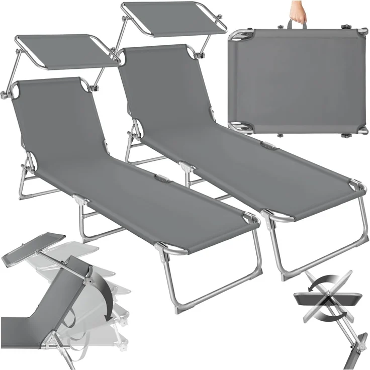 tectake 2er Set Liegestuhl Garten mit Sonnenschutz, Gartenliege klappbar, Balkon oder Terrassen Liege mit Verstellbarer Rückenlehne, Strandliege mit Sonnendach, bis zu 110 kg belastbar - grau