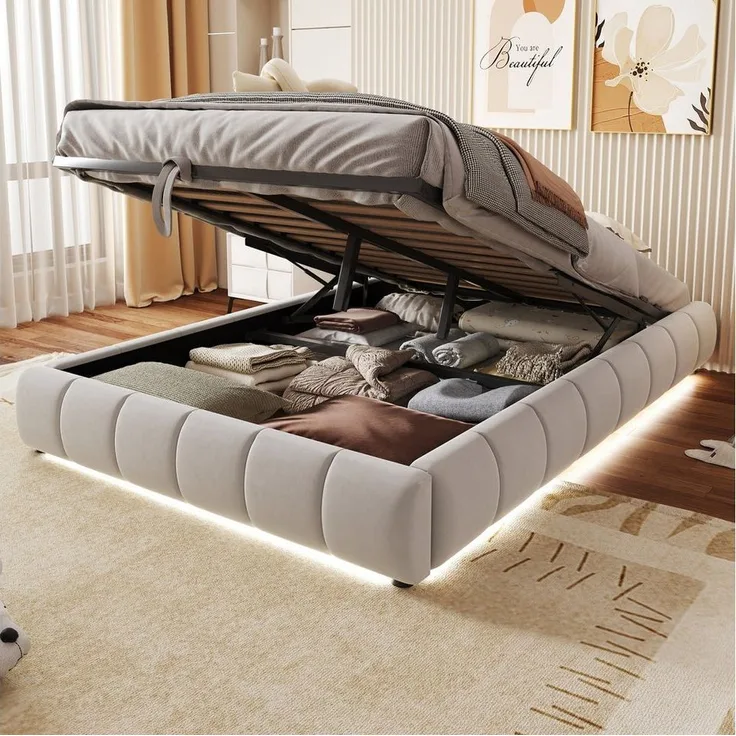STILVORA Polsterbett 140x200 Doppelbett mit LED&Stauraum,Jugendbett mit Lattenrost&Matratze (Hydraulisches, ohne Kopfteil, mit LED-Licht & Stauraum, für moderne Schlafzimmer & Jugendzimmer 140x200 cm), Mit Matratze