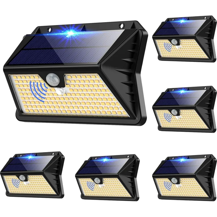 OUILA Solarlampen für Außen Wand【6 Stück】, 185 LED 3 Modi Solar Aussenleuchte mit Bewegungsmelder, IP65 Wasserdichte LED Solar Wandleuchte, Garten, Hof, Zaunbeleuchtung, Haustüren (Warmweiß)