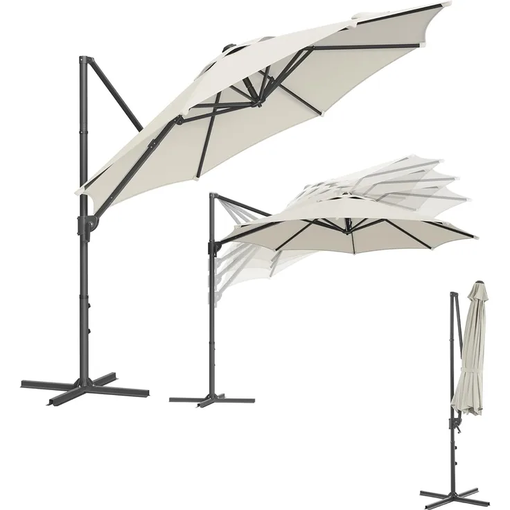 Songmics Sonnenschirm, Ampelschirm, 300 cm, UPF 50+, Gartenschirm, um 360° drehbar, Neigungswinkel stufenlos verstellbar, mit Kurbel, Kreuzfuß, cremeweiß
