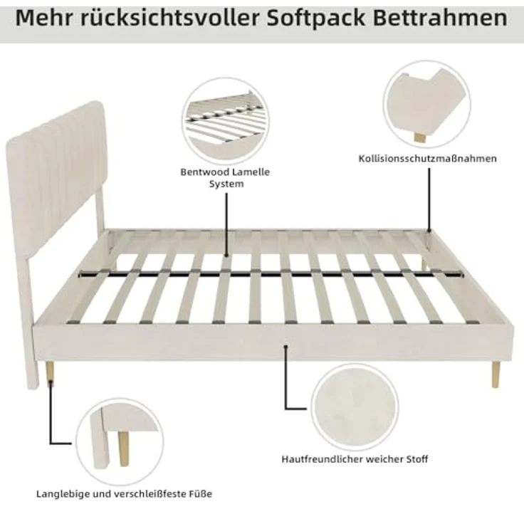 Ball & Cast Polsterbett Doppelbett (160x200 cm) - Mit Kopfteil & Lattenrost, Dutch Velvet Stoff, Zeitsparende Montage, Beige – Bild 9