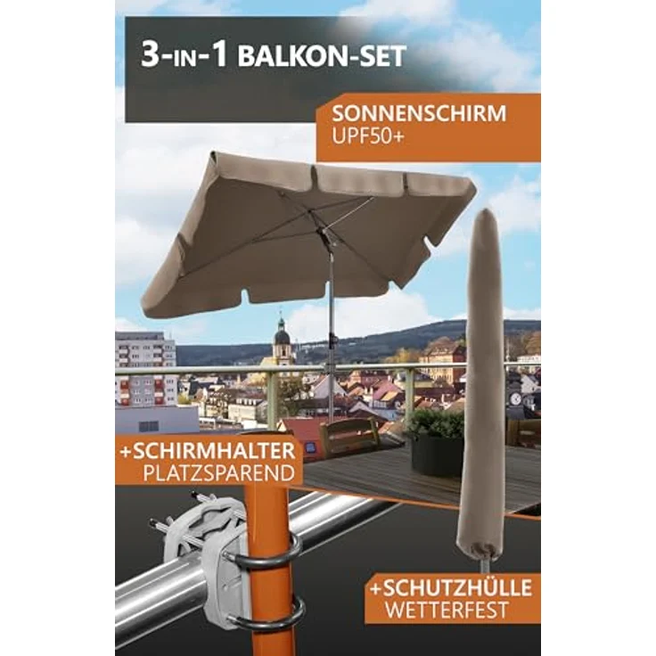 4smile Sonnenschirm Balkon SunnyShade - Sonnenschutz Balkon 3-in-1 SET, Taupe - UPF 50+ Sonnenschirm rechteckig 200x125 cm + Sonnenschirmhalter Balkongeländer + Sonnenschirm-Schutzhülle – Bild 3