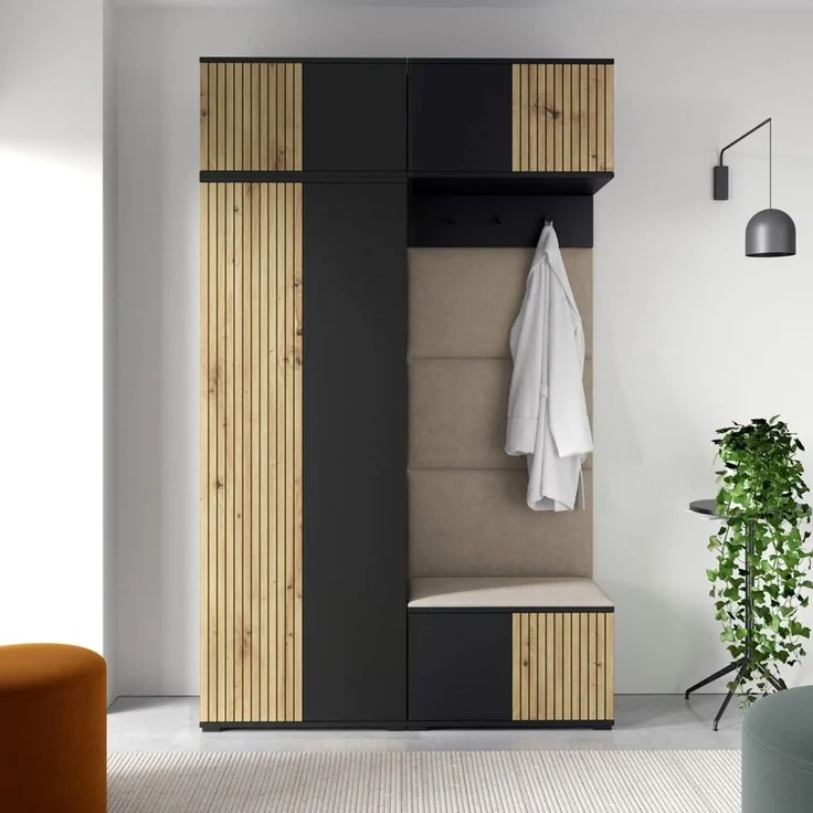Garderoben-Set Rosario Version 3 mit Lamellen, Kleiderschrank mit Polsterplatten und Schuhschrank (Schwarz / Eiche Artisan, Trinity 02), 225 x 40 x 140 cm – Bild 7