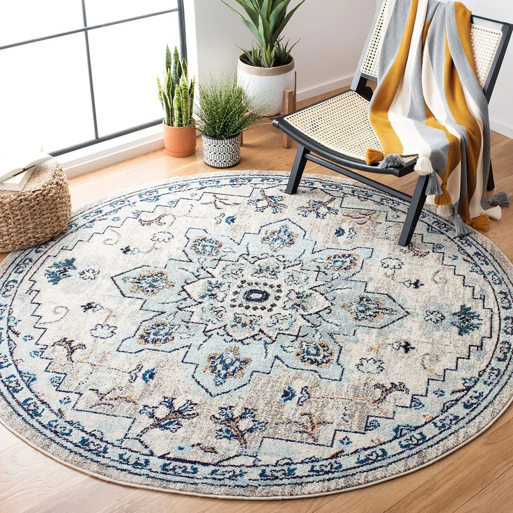 SAFAVIEH Boho Teppich für Wohnzimmer, Esszimmer, Schlafzimmer - Madison Collection, Kurzer Flor, Elfenbein und Hellblau, 160x160 cm