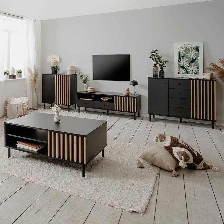 Calicosy Sideboard 2 Türen 4 Schubladen Schwarz und Holz B118 cm - MONZA - Helles Holz – Bild 8