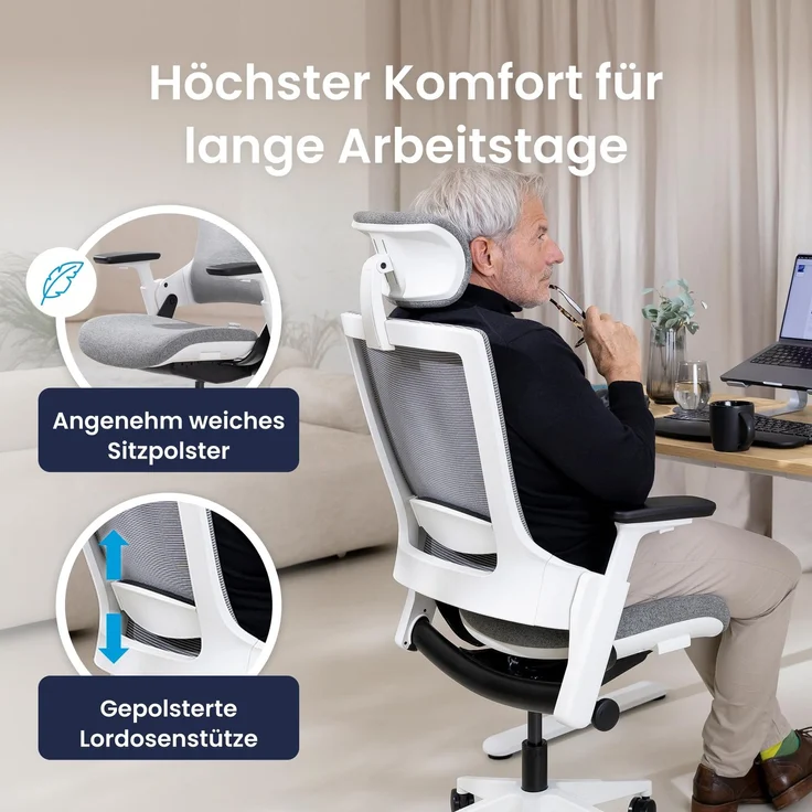 Ergotopia 'NextBack' ergonomischer Bürostuhl mit integrierter Lordosenstütze, 3D Armlehnen & verstellbarer Kopfstütze, Grau / Weiß – Bild 4