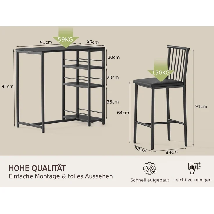 Blishom Bartisch 3-tlg Bartisch-Set, Esstisch Set für 2 Personen, Platzsparendes Stehtisch-Set mit Stauraum – Bild 2