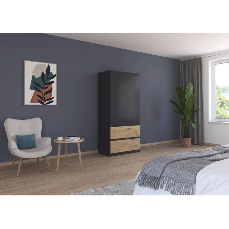 rauch Kleiderschrank, Drehtürenschrank COSTA, 2-türig, 2 Schubkästen, push-to-open, Grau metallic, 91 x 197 x 54 cm – Bild 1