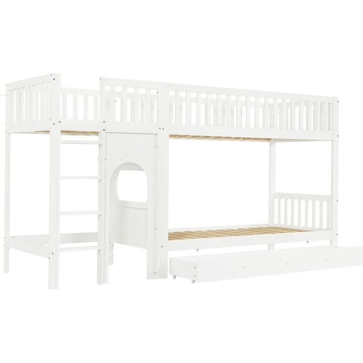 Etagenbett mit Regal, Schrank, Lattenrost und Treppe, 90x200cm, Kinderbett mit Rausfallschutz, Hochbett, Kiefer – Bild 6