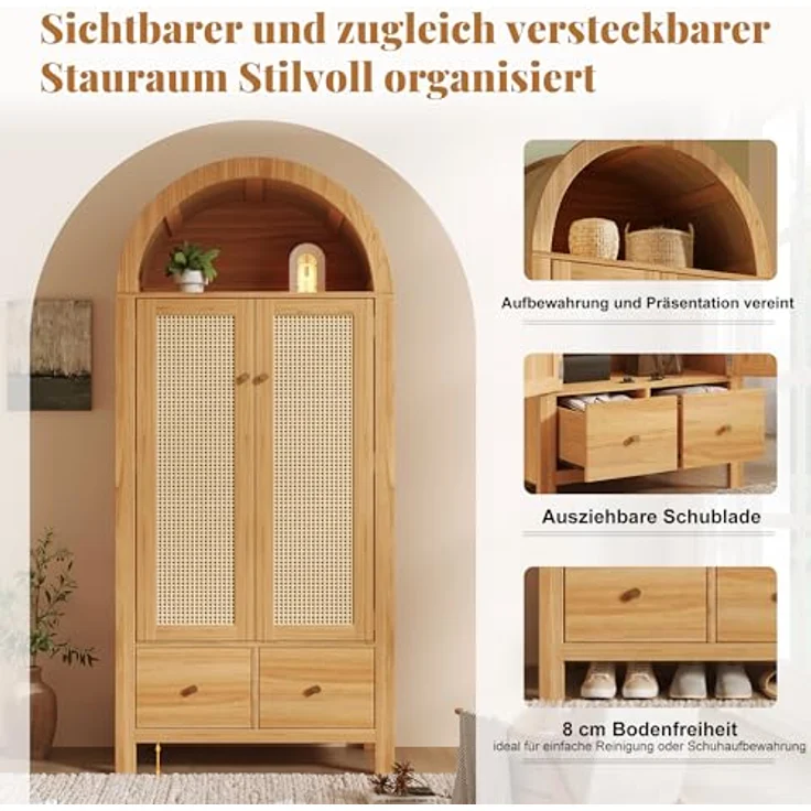 Arcus Gewölbter Kleiderschrank mit Rattan-Türen, 3 Staubereichen, 2 Schubladen für Schlafzimmer & Eingangsbereich (Naturfarbe) – Bild 9