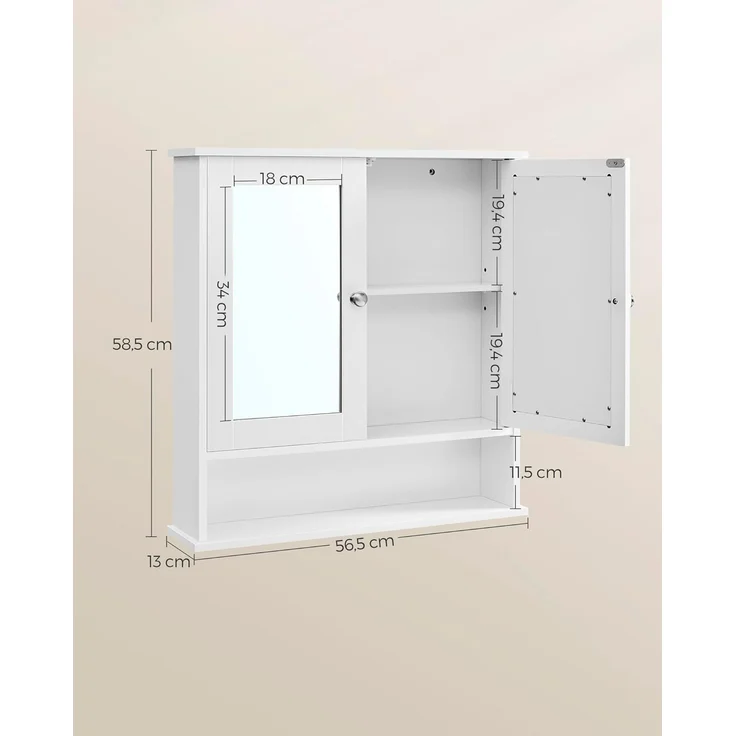 Vasagle Spiegelschrank 2 Spiegeltüren und Ablage, verstellbare Regalebene, 13 x 56,5 x 58,5 cm, weiß – Bild 3