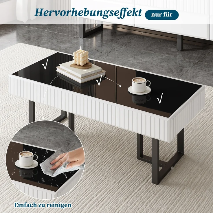 Couchtisch mit hochglänzender Tischplatte & Metallgestell, 110x50,5x41 cm, Schwarz/Weiß – Bild 5