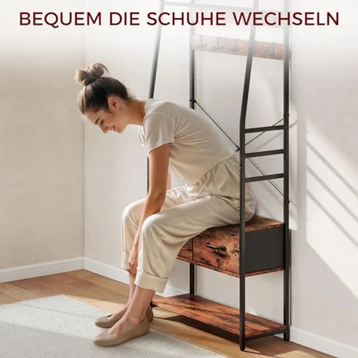HOMCOM Garderobenständer mit 10 Haken, (Jackenständer, 1 St, Kleiderständer), für Eingangsbereich, Flur, Rustikal-Braun – Bild 6