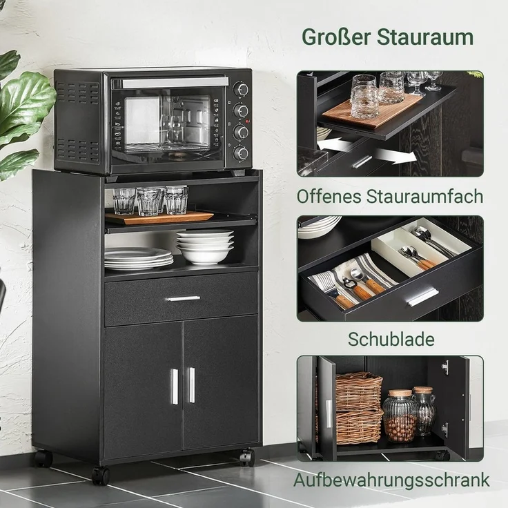 SoBuy Küchenwagen FSB09, Servierwagen mit Arbeitsplatte Aufbewahrungsschrank, Küchenschrank Rollschrank Mikrowellenschrank mit Ablagen und 2 Türen – Bild 2