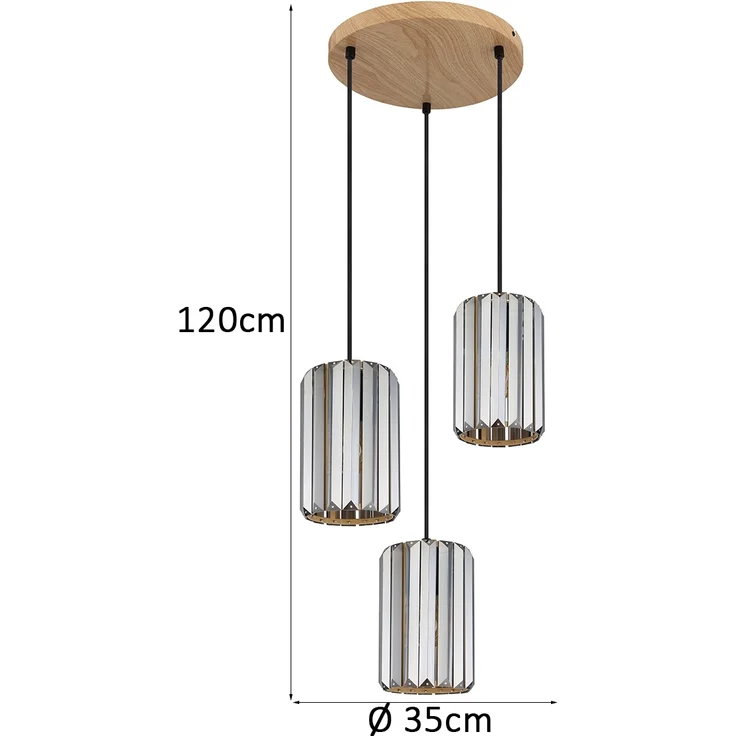Hängeleuchte, 3-Flammig, Holzoptik, Kristall rauch, H 120 cm – Bild 3