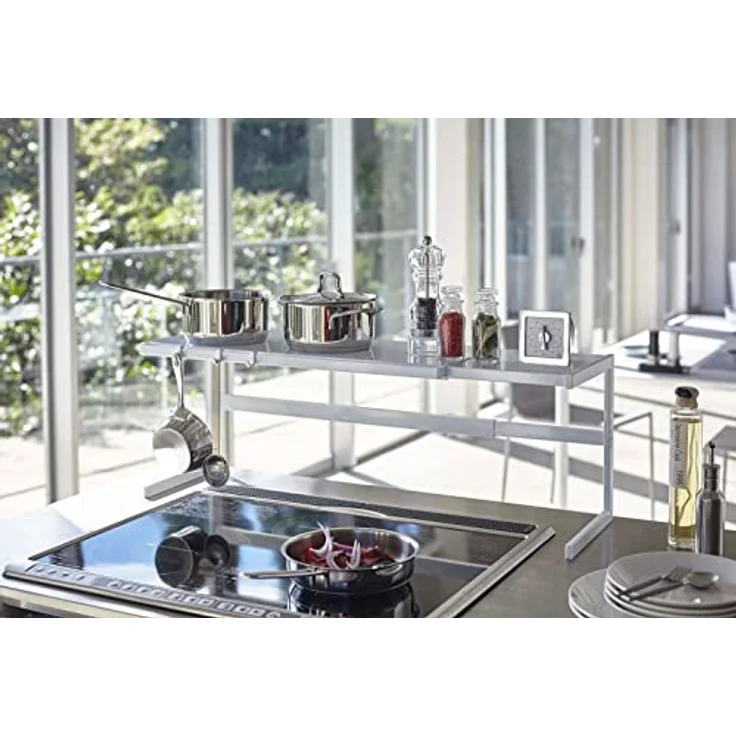 Yamazaki Küchenregal "Tower" Regal Metall 54 bis 92cm ausziehbar, platzsparend, Metallregal für mehr Platz in der kleinen Küche, mit 3 Aufhängehaken – Bild 7